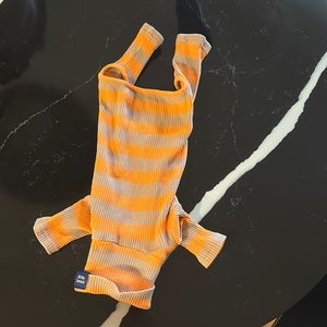 Little beast onesie - striped “peanut butter” camel and orange
